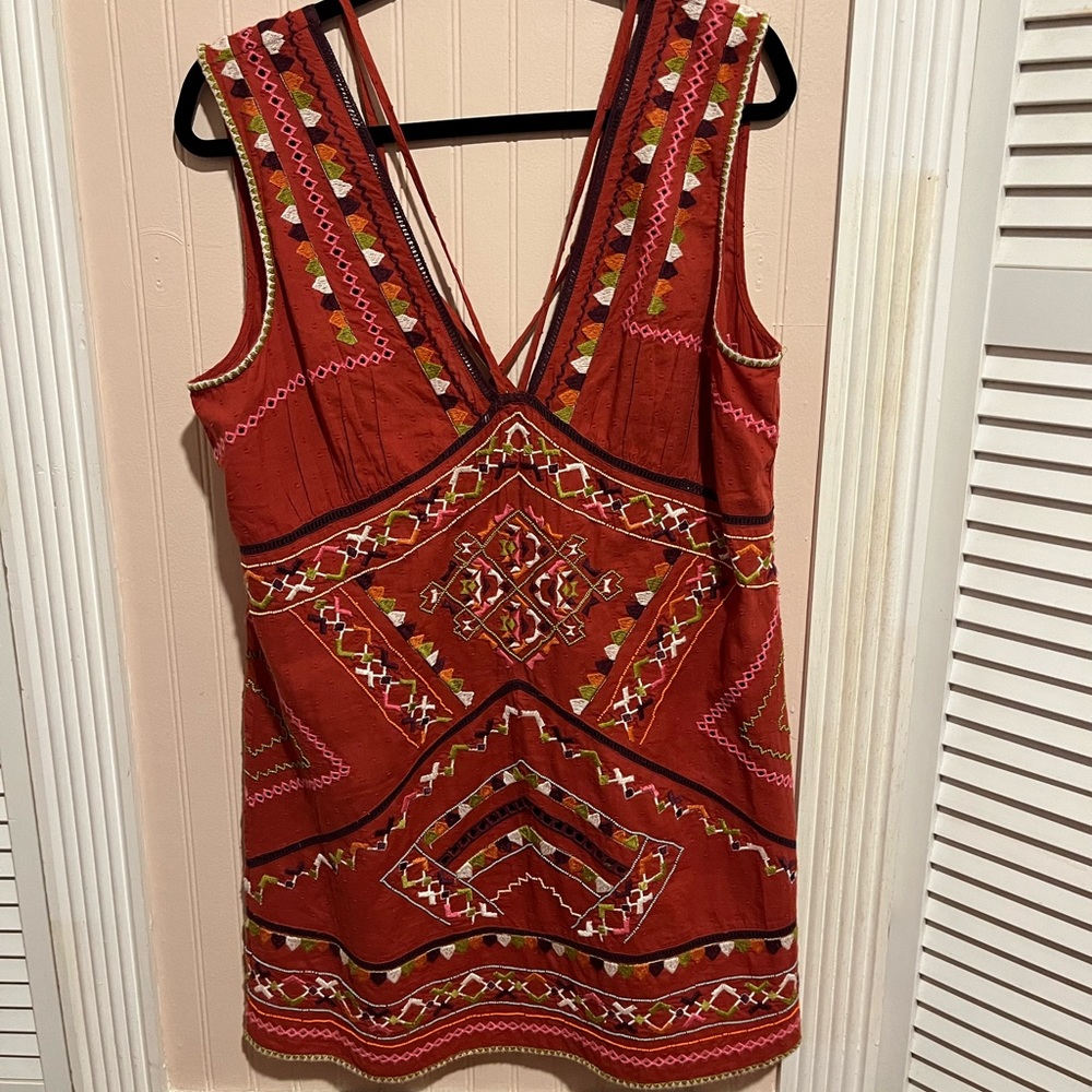 Anthropologie Red Embroidered Mini Dress